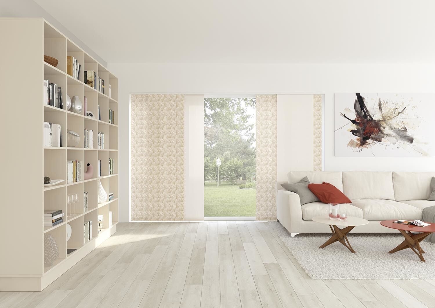 Wohnzimmer mit stilvollen Vorhängen Beige Flächenvorhänge mit Muster