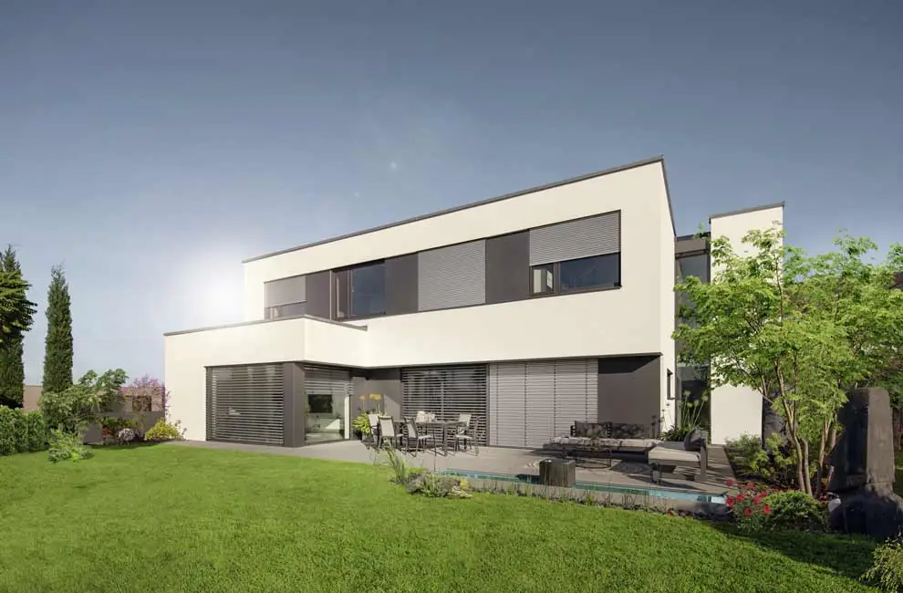 Modernes Einfamilienhaus mit Rollläden Rollladen in Eltville an modernen weißem Haus