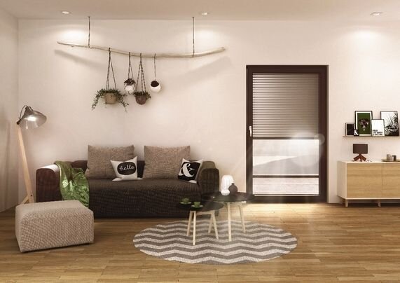 Modernes Einfamilienhaus mit Rollläden Wohnzimmer mit Rollladen an der Balkontüre